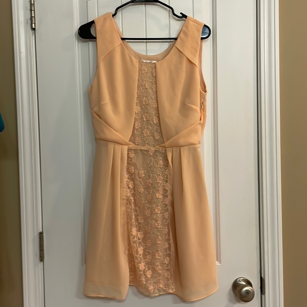 Ladies medium Esley dress soft peach color with lace front and side zip